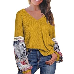 BOHO Waffle Knit Long Sleeve Pullover Tee Size L